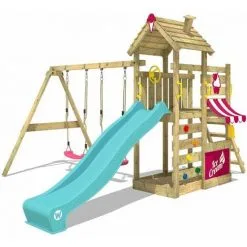 WICKEY Aire De Jeux Portique Bois CherryFlyer Avec Balançoire Et Toboggan Turquoise Maison Enfant Exterieur Avec Bac à Sable, échelle D'escalade & Accessoires De Jeux
