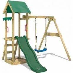 WICKEY Aire De Jeux Portique Bois TinyWave Avec Balançoire Et Toboggan Vert Maison Enfant Exterieur Avec Bac à Sable, échelle D'escalade & Accessoires De Jeux