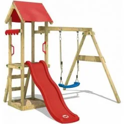 WICKEY Aire De Jeux Portique Bois TinyWave Avec Balançoire Et Toboggan Rouge Maison Enfant Exterieur Avec Bac à Sable, échelle D'escalade & Accessoires De Jeux