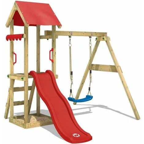WICKEY Aire De Jeux Portique Bois TinyWave Avec Balançoire Et Toboggan Rouge Maison Enfant Exterieur Avec Bac à Sable, échelle D'escalade & Accessoires De Jeux