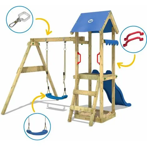 WICKEY Aire De Jeux Portique Bois TinyWave Avec Balançoire Et Toboggan Rouge Maison Enfant Exterieur Avec Bac à Sable, échelle D'escalade & Accessoires De Jeux – Image 3