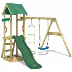 WICKEY Aire De Jeux Portique Bois TinyCabin Avec Balançoire Et Toboggan Vert Maison Enfant Exterieur Avec Bac à Sable, échelle D'escalade & Accessoires De Jeux