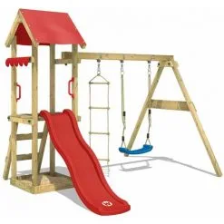 WICKEY Aire De Jeux Portique Bois TinyCabin Avec Balançoire Et Toboggan Rouge Maison Enfant Exterieur Avec Bac à Sable, échelle D'escalade & Accessoires De Jeux