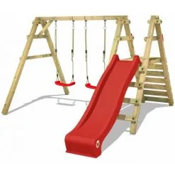 WICKEY Portique Balançoire Aire De Jeux Sky Slider Prime Avec Toboggan Rouge