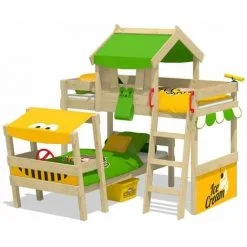 WICKEY Lit Enfant, Lit Superposé Crazy Trunky Avec Toboggan Vert Pomme/jaune Lit En Bois 90 X 200 Cm