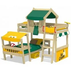 WICKEY Lit Enfant, Lit Superposé Crazy Trunky Avec Toboggan Vert / Jaune Lit En Bois 90 X 200 Cm