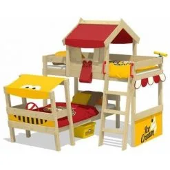 WICKEY Lit Enfant, Lit Superposé Crazy Trunky Avec Toboggan Rouge/jaune Lit En Bois 90 X 200 Cm