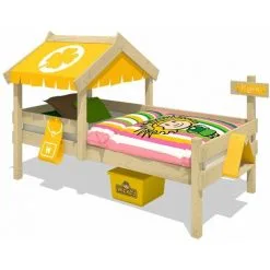 WICKEY Lit Enfant, Lit Maison Crazy Buddy Bâche Jaune Lit En Bois 90 X 200 Cm