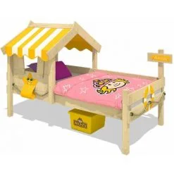 WICKEY Lit Enfant, Lit Maison Crazy Sunny Bâche Jaune Lit En Bois 90 X 200 Cm
