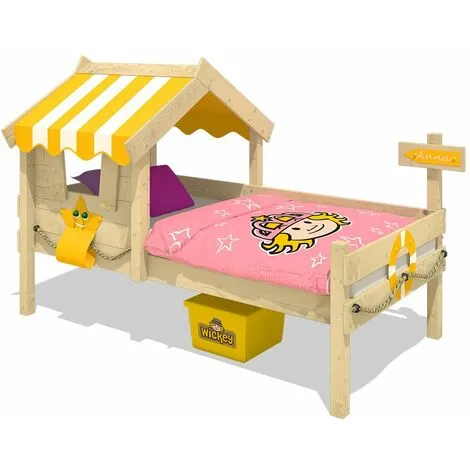 WICKEY Lit Enfant, Lit Maison Crazy Sunny Bâche Jaune Lit En Bois 90 X 200 Cm