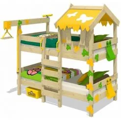 WICKEY Lit Enfant, Lit Superposé Crazy Ivy Avec Toboggan Jaune/vert Pomme Lit En Bois 90 X 200 Cm