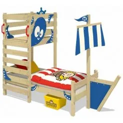 WICKEY Lit Enfant, Lit Maison Crazy Bounty Bâche Bleu Lit En Bois 90 X 200 Cm