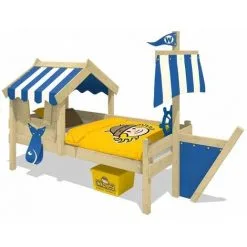 WICKEY Lit Enfant, Lit Maison Crazy Finny Bâche Bleu Lit En Bois 90 X 200 Cm