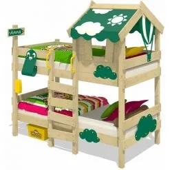 WICKEY Lit Enfant, Lit Superposé Crazy Daisy Avec Toboggan Vert Lit En Bois 90 X 200 Cm