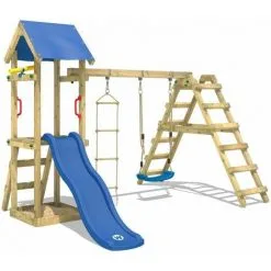 WICKEY Aire De Jeux Portique Bois TinyLoft Avec Balançoire Et Toboggan Bleu Maison Enfant Exterieur Avec Bac à Sable, échelle D'escalade & Accessoires De Jeux