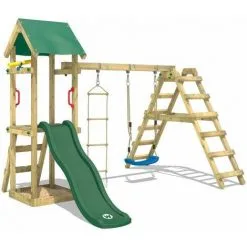 WICKEY Aire De Jeux Portique Bois TinyLoft Avec Balançoire Et Toboggan Vert Maison Enfant Exterieur Avec Bac à Sable, échelle D'escalade & Accessoires De Jeux