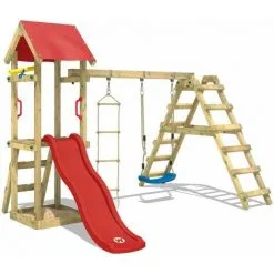 WICKEY Aire De Jeux Portique Bois TinyLoft Avec Balançoire Et Toboggan Rouge Maison Enfant Exterieur Avec Bac à Sable, échelle D'escalade & Accessoires De Jeux