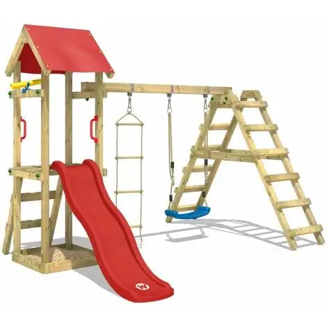 WICKEY Aire De Jeux Portique Bois TinyLoft Avec Balançoire Et Toboggan Rouge Maison Enfant Exterieur Avec Bac à Sable, échelle D'escalade & Accessoires De Jeux