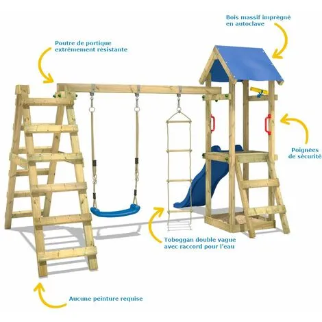 WICKEY Aire De Jeux Portique Bois TinyLoft Avec Balançoire Et Toboggan Rouge Maison Enfant Exterieur Avec Bac à Sable, échelle D'escalade & Accessoires De Jeux – Image 2