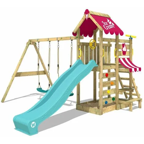 WICKEY Aire De Jeux Portique Bois VanillaFlyer Avec Balançoire Et Toboggan Turquoise Maison Enfant Exterieur Avec Bac à Sable, échelle D'escalade & Accessoires De Jeux