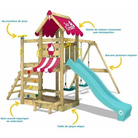 WICKEY Aire De Jeux Portique Bois VanillaFlyer Avec Balançoire Et Toboggan Turquoise Maison Enfant Exterieur Avec Bac à Sable, échelle D'escalade & Accessoires De Jeux – Image 2