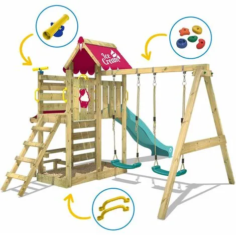 WICKEY Aire De Jeux Portique Bois VanillaFlyer Avec Balançoire Et Toboggan Turquoise Maison Enfant Exterieur Avec Bac à Sable, échelle D'escalade & Accessoires De Jeux – Image 3