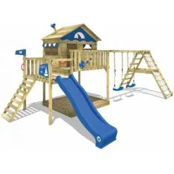 WICKEY Aire De Jeux Portique Bois Smart Ocean Avec Balançoire Et Toboggan Bleu Maison Enfant Sur Pilotis Avec Bac à Sable, échelle D'escalade & Accessoires De Jeux