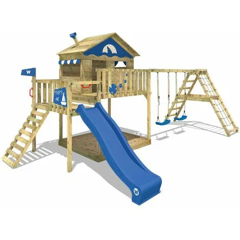WICKEY Aire De Jeux Portique Bois Smart Ocean Avec Balançoire Et Toboggan Bleu Maison Enfant Sur Pilotis Avec Bac à Sable, échelle D'escalade & Accessoires De Jeux