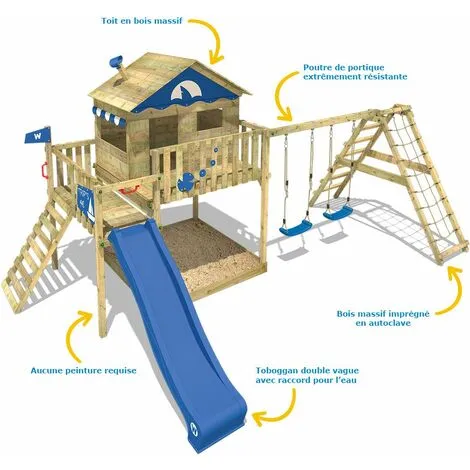 WICKEY Aire De Jeux Portique Bois Smart Ocean Avec Balançoire Et Toboggan Bleu Maison Enfant Sur Pilotis Avec Bac à Sable, échelle D'escalade & Accessoires De Jeux – Image 2