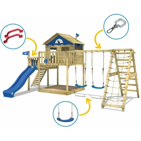 WICKEY Aire De Jeux Portique Bois Smart Ocean Avec Balançoire Et Toboggan Bleu Maison Enfant Sur Pilotis Avec Bac à Sable, échelle D'escalade & Accessoires De Jeux – Image 3