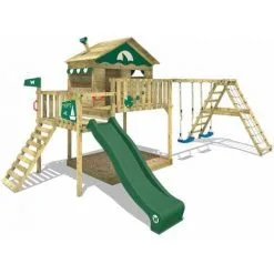 WICKEY Aire De Jeux Portique Bois Smart Ocean Avec Balançoire Et Toboggan Vert Maison Enfant Sur Pilotis Avec Bac à Sable, échelle D'escalade & Accessoires De Jeux
