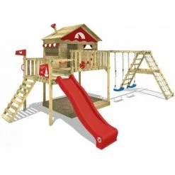 WICKEY Aire De Jeux Portique Bois Smart Ocean Avec Balançoire Et Toboggan Rouge Maison Enfant Sur Pilotis Avec Bac à Sable, échelle D'escalade & Accessoires De Jeux