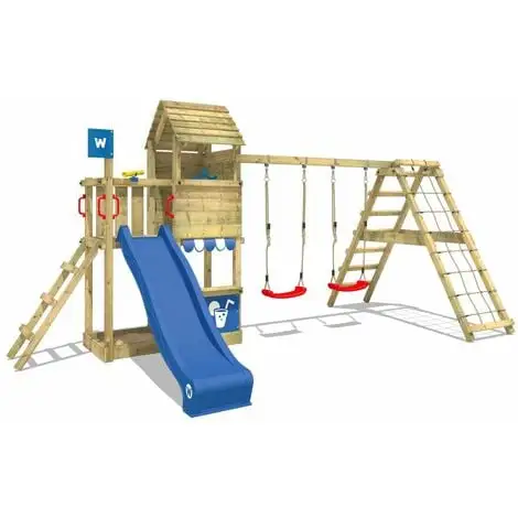 WICKEY Aire De Jeux Portique Bois Smart Port Avec Balançoire Et Toboggan Bleu Maison Enfant Exterieur Avec Bac à Sable, échelle D'escalade & Accessoires De Jeux