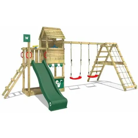 WICKEY Aire De Jeux Portique Bois Smart Port Avec Balançoire Et Toboggan Vert Maison Enfant Exterieur Avec Bac à Sable, échelle D'escalade & Accessoires De Jeux