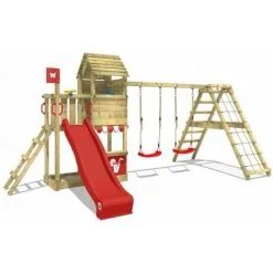 WICKEY Aire De Jeux Portique Bois Smart Port Avec Balançoire Et Toboggan Rouge Maison Enfant Exterieur Avec Bac à Sable, échelle D'escalade & Accessoires De Jeux