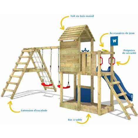 WICKEY Aire De Jeux Portique Bois Smart Port Avec Balançoire Et Toboggan Rouge Maison Enfant Exterieur Avec Bac à Sable, échelle D'escalade & Accessoires De Jeux – Image 2