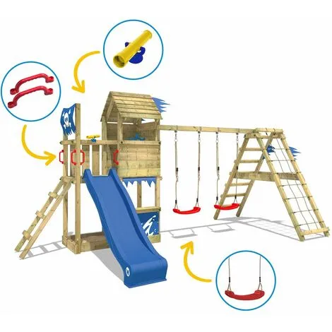WICKEY Aire De Jeux Portique Bois Smart Port Avec Balançoire Et Toboggan Rouge Maison Enfant Exterieur Avec Bac à Sable, échelle D'escalade & Accessoires De Jeux – Image 3