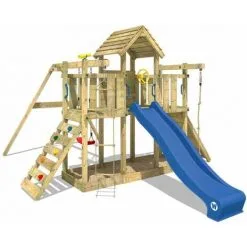 WICKEY Aire De Jeux Portique Bois Smart Twister Avec Balançoire Et Toboggan Bleu Maison Enfant Exterieur Avec Bac à Sable, échelle D'escalade & Accessoires De Jeux