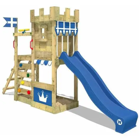 WICKEY Aire De Jeux Portique Bois CannonFlyer Avec Toboggan Bleu Maison Enfant Exterieur Avec Bac à Sable, échelle D'escalade & Accessoires De Jeux
