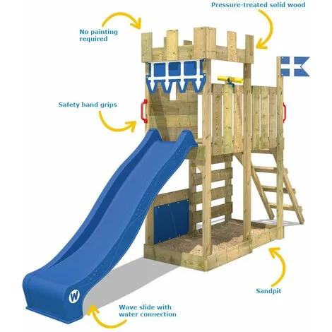 WICKEY Aire De Jeux Portique Bois CannonFlyer Avec Toboggan Bleu Maison Enfant Exterieur Avec Bac à Sable, échelle D'escalade & Accessoires De Jeux – Image 2
