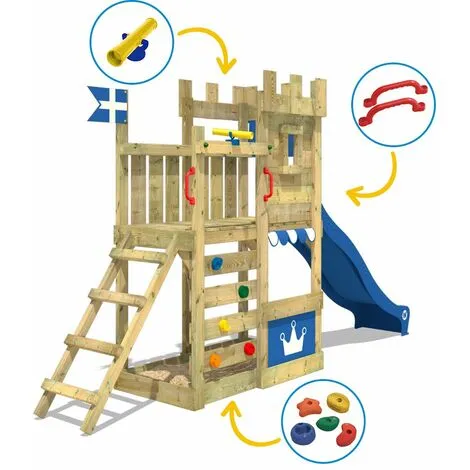 WICKEY Aire De Jeux Portique Bois CannonFlyer Avec Toboggan Bleu Maison Enfant Exterieur Avec Bac à Sable, échelle D'escalade & Accessoires De Jeux – Image 3