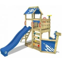 WICKEY Aire De Jeux Portique Bois SpookyFlyer Avec Toboggan Bleu Cabane Enfant Exterieur Avec Bac à Sable, échelle D'escalade & Accessoires De Jeux