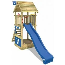 WICKEY Aire De Jeux Portique Bois Smart Club Toit En Bois Avec Toboggan Bleu Maison Enfant Exterieur Avec Bac à Sable, échelle D'escalade & Accessoires De Jeux