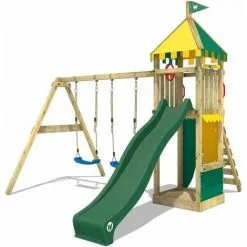 WICKEY Aire De Jeux Portique Bois Smart Brave Avec Balançoire Et Toboggan Vert Maison Enfant Exterieur Avec Bac à Sable, échelle D'escalade & Accessoires De Jeux