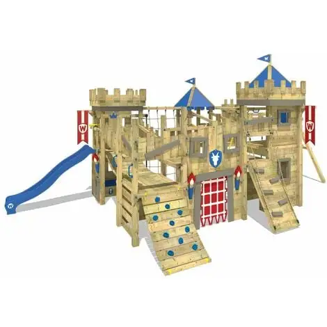 WICKEY Aire De Jeux Portique Bois The Golden Goat Avec Balançoire Et Toboggan Bleu Maison Enfant Exterieur Avec Bac à Sable, échelle D'escalade & Accessoires De Jeux