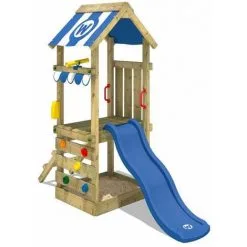 WICKEY Aire De Jeux Portique Bois FunkyFlyer Avec Toboggan Bleu Maison Enfant Exterieur Avec Bac à Sable, échelle D'escalade & Accessoires De Jeux