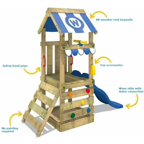 WICKEY Aire De Jeux Portique Bois FunkyFlyer Avec Toboggan Bleu Maison Enfant Exterieur Avec Bac à Sable, échelle D'escalade & Accessoires De Jeux – Image 2