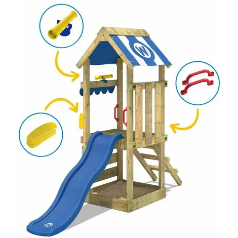 WICKEY Aire De Jeux Portique Bois FunkyFlyer Avec Toboggan Bleu Maison Enfant Exterieur Avec Bac à Sable, échelle D'escalade & Accessoires De Jeux – Image 3