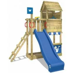 WICKEY Aire De Jeux Portique Bois Smart Sparrow Avec Toboggan Bleu Maison Enfant Exterieur Avec Bac à Sable, échelle D'escalade & Accessoires De Jeux