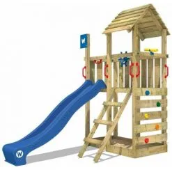 WICKEY Aire De Jeux Portique Bois Smart Flash Avec Toboggan Bleu Maison Enfant Exterieur Avec Bac à Sable, échelle D'escalade & Accessoires De Jeux